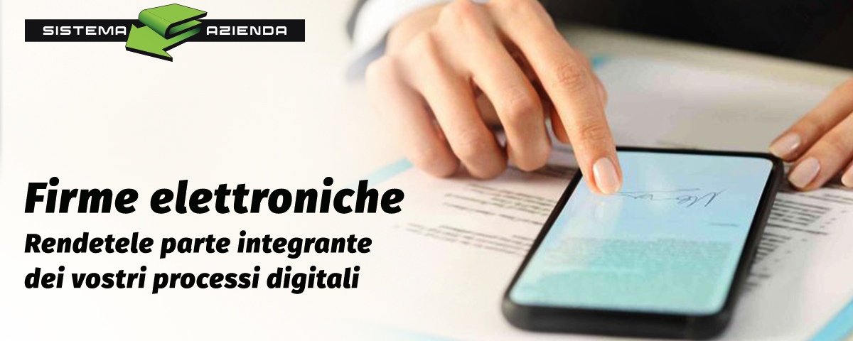 Persona che firma digitalmente un documento su smartphone per integrazione nei processi digitali aziendali, logo Sistema Azienda in alto a sinistra.
