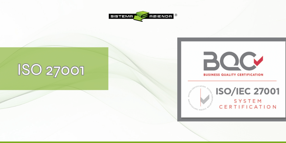 Logo della certificazione ISO/IEC 27001 emesso dall'ente di certificazione BQC e il logo di Sistema Azienda