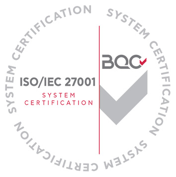 Logo della certificazione ISO/IEC 27001 emesso dall'ente di certificazione BQC